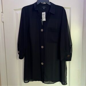 Alfani Women’s Deep Black Sheer Button-Up Long Blouse - Size L